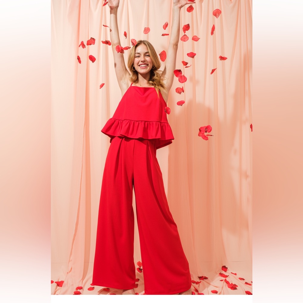 10 Solid Ruffled Cami Top & Wide Pants Set